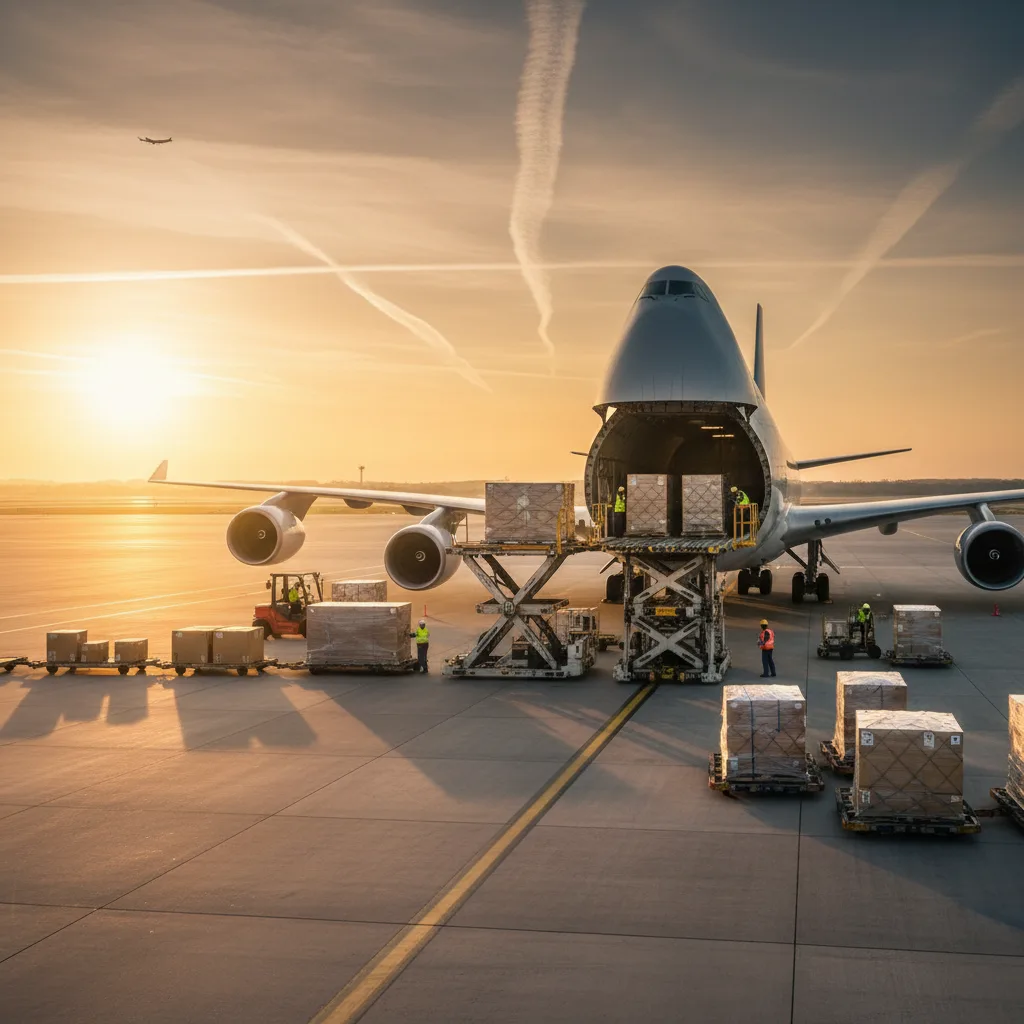 Freight aircraft being loaded with air cargo at an airport