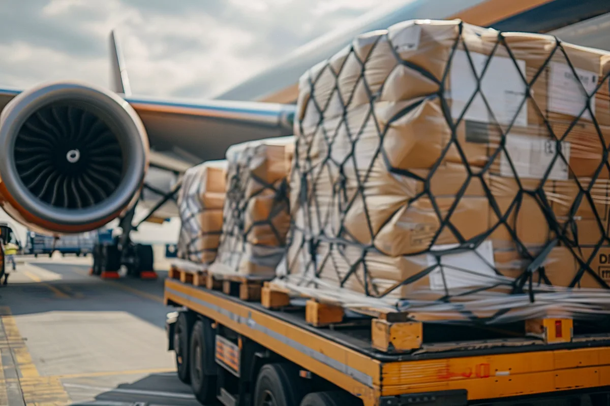 Netted pallets of air cargo loaded on a truck beside a freight aircraft.