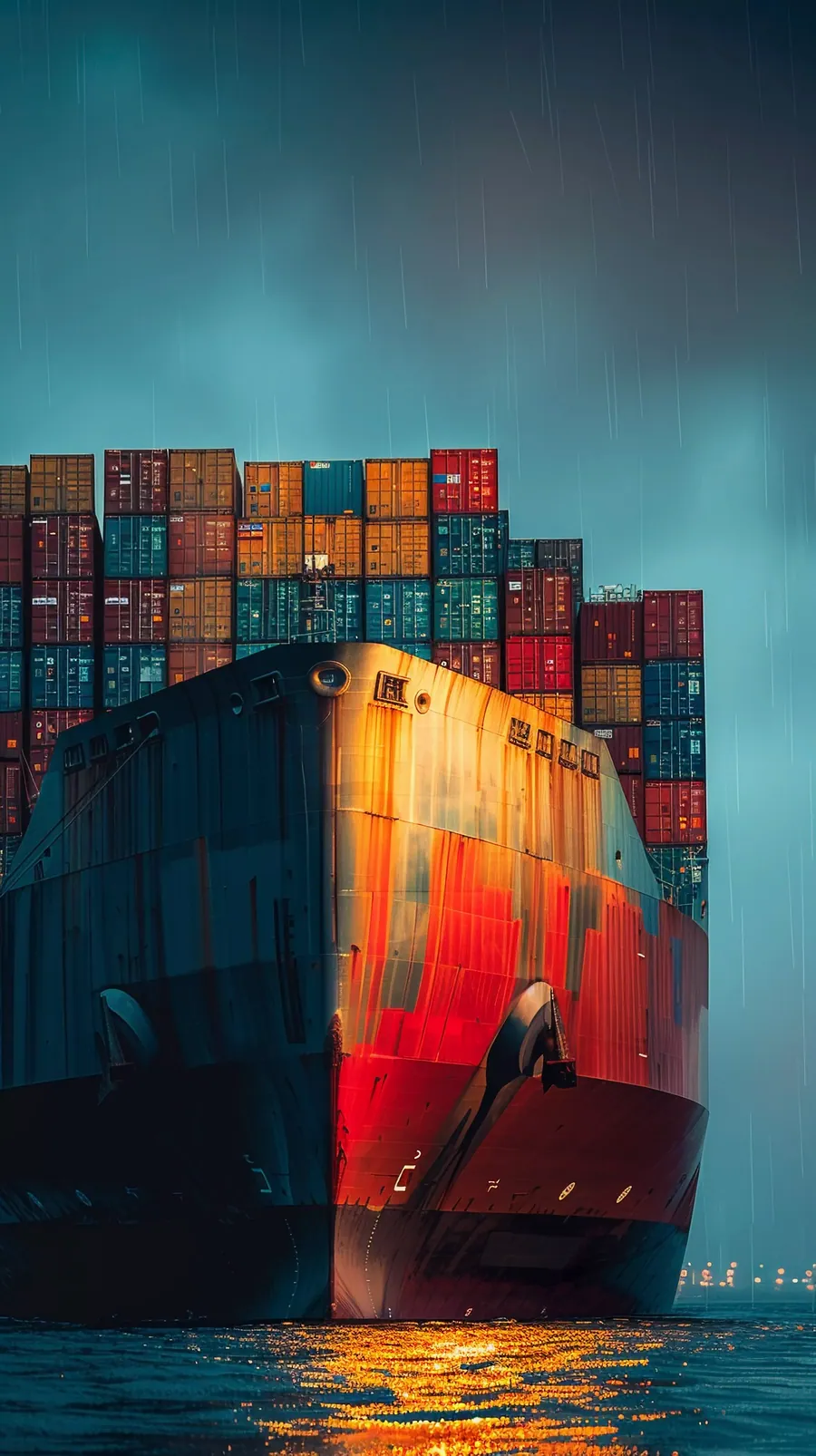 A container ship stacked high with colourful cargo containers under a rainy dusk sky