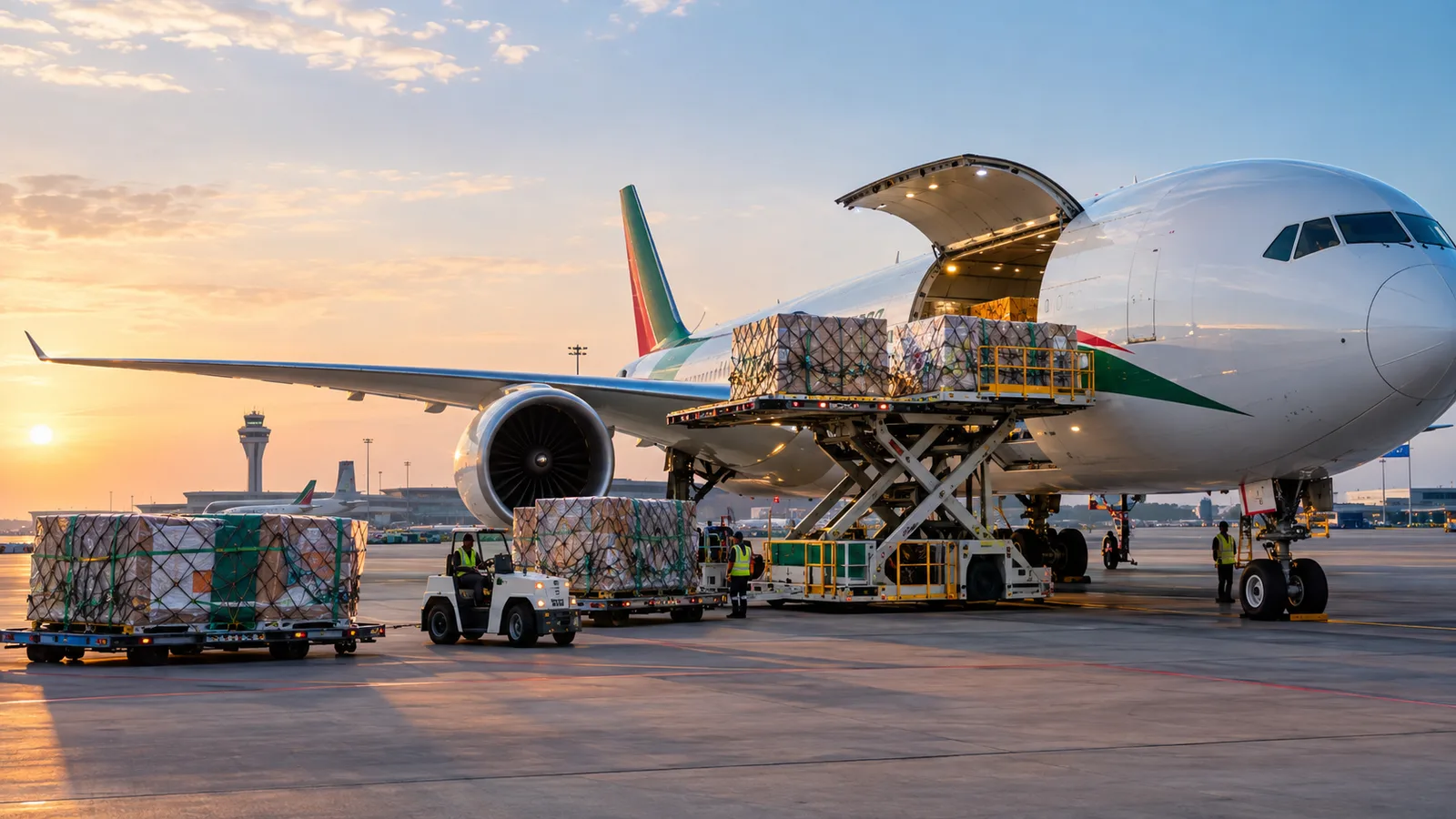 Air cargo pallets being loaded onto a freight aircraft at an airport at sunset.