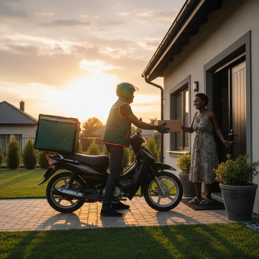 Dispatch rider handing a parcel to a customer at their doorstep