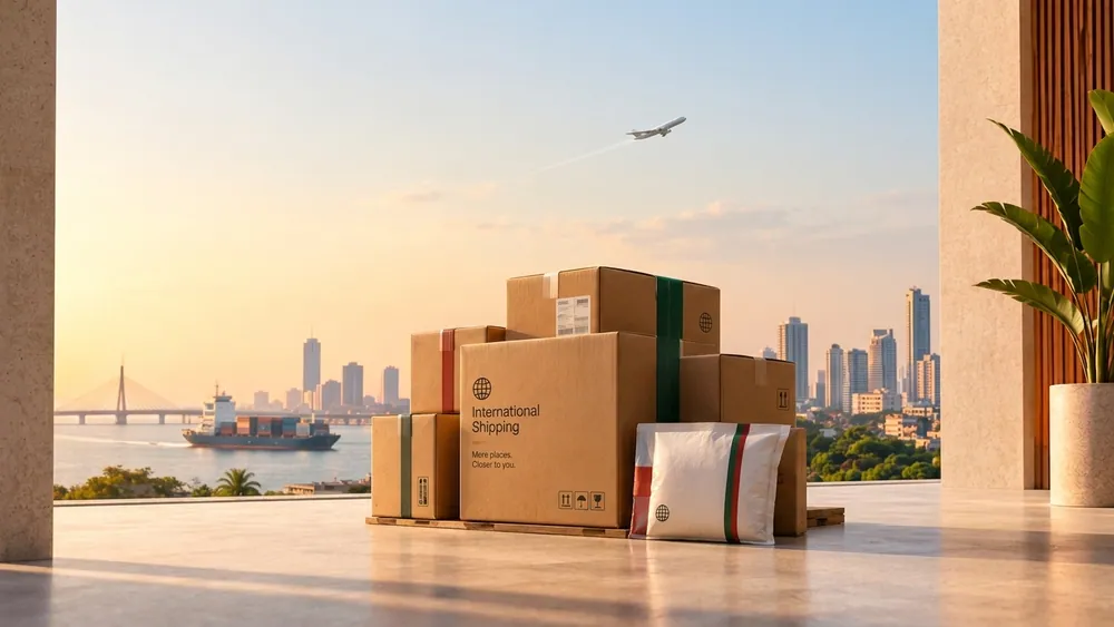 Phyllora shipping boxes with a harbour city skyline at golden hour